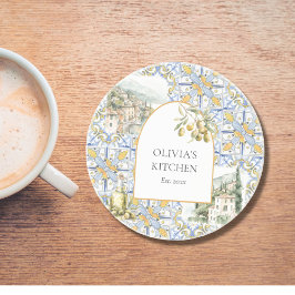 Oliv Medelhavet Gult Blått Kakel Mönster Underlägg