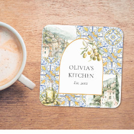 Oliv Medelhavet Gult Blått Kakel Mönster Underlägg Papper Kvadrat