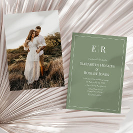 Oliv Minimalistisk Monogram & Foto Bröllop Inbjudningar