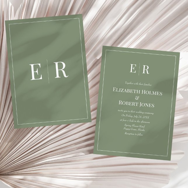Oliv Minimalistisk Monogram Icke Foto Bröllop Inbjudningar (Olive Minimalist Monogram Non Photo Wedding Invitation on a sunny neutral dry palm leaf.)