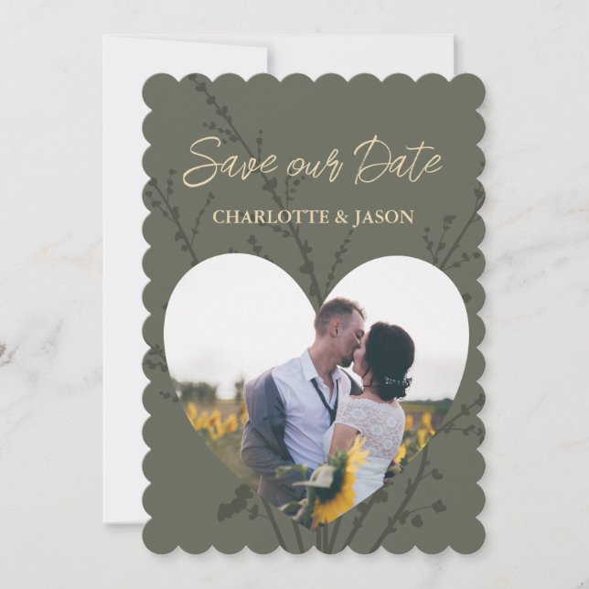 Oliv Modern Foto Hjärt Ram Spara Datum     Inbjudningar (Framsida)