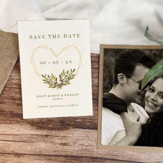Oliv och Löv Geometric Heart Bröllop Photo Spara Datumet