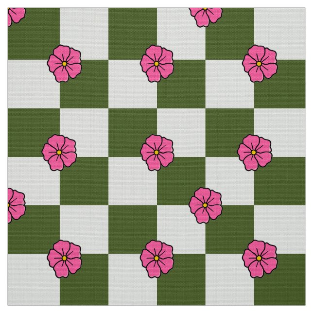 Oliv rosa blomster schackrutigt polyester tyg (Provkarta)