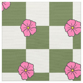 Oliv rosa blomster schackrutigt polyester tyg