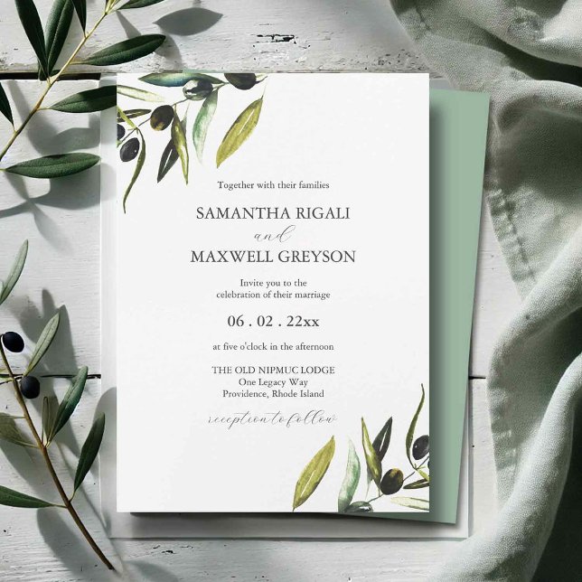 Oliv Vattenfärg Bröllopsinbjudningar Inbjudningar (olive wedding invitations features watercolor art by Victoria Grigaliunas of do Tell A Belle)
