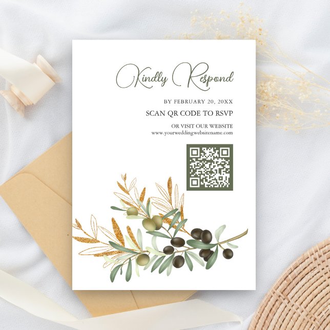 Olivblad Guldgren QR-kod RSVP Bröllop Tilläggskort (Skapare uppladdad)
