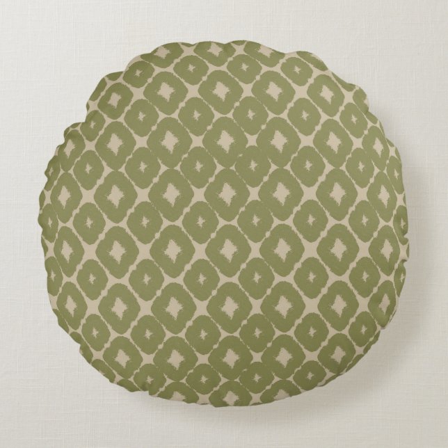Olive and cream Boho Geometric Throw Pillow Rund Kudde (Framsidan)