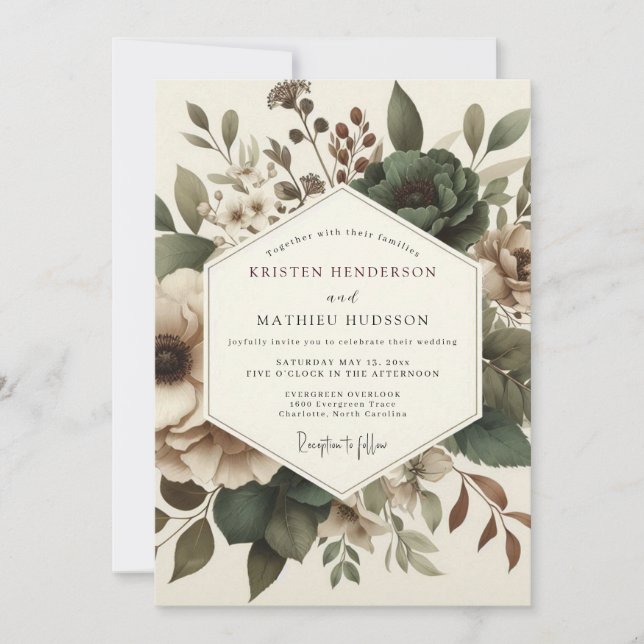 Olive Antique Floral Wedding Inbjudningar (Framsida)