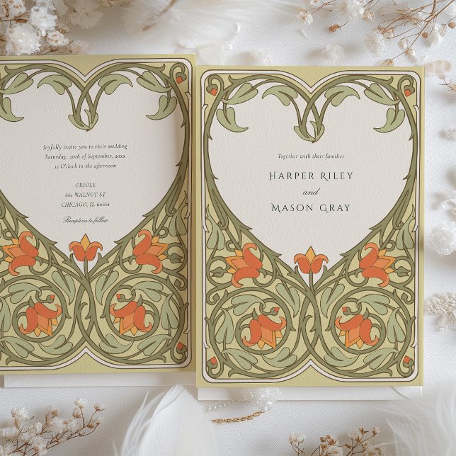 Olive & Apricot Art nouveau Inspired Bröllop Inbjudningar (Skapare uppladdad)