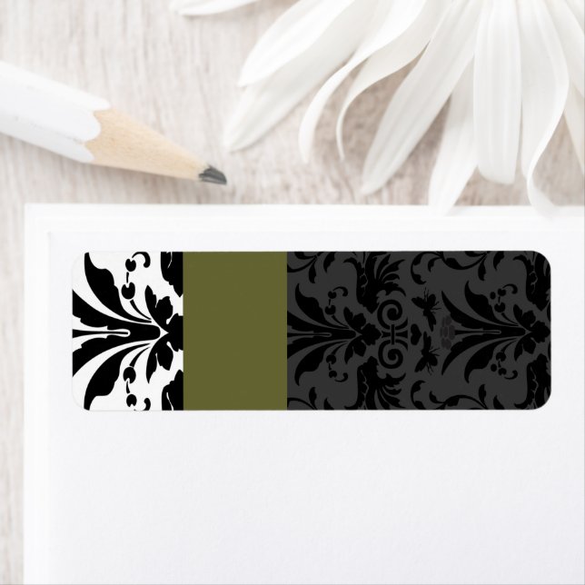 Olive & Black Humla Damask Adress Returadress Etikett (Insitu)