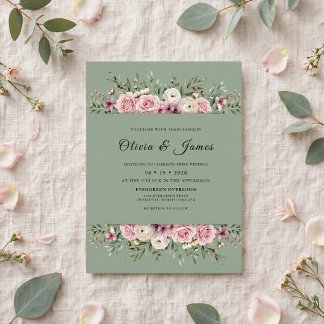 Olive Blossom Romantiskt Bröllop Inbjudningar