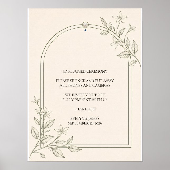 Olive Botanical Unplugged Ceremoni Bröllopsskylt Poster (Framsidan)