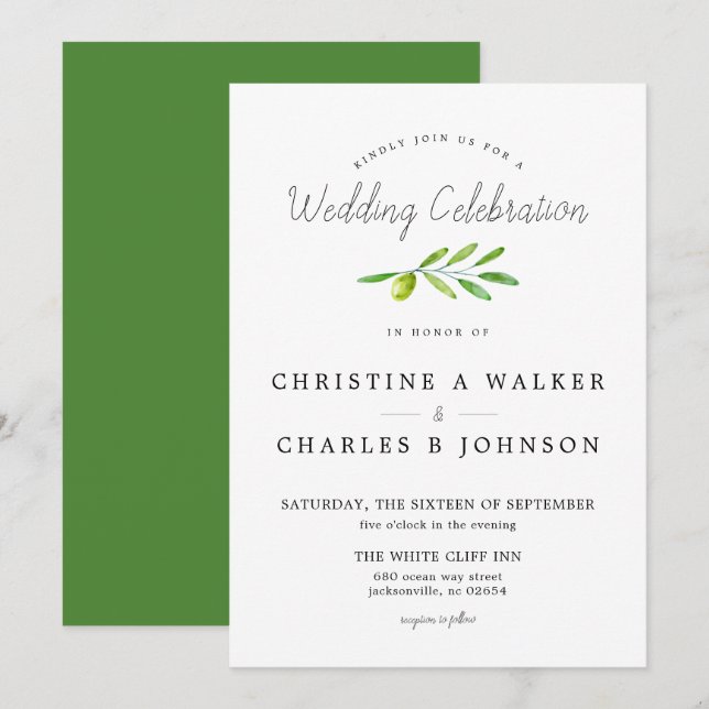 Olive Branch Script Klassiskt Bröllop Inbjudningar (Fram/baksida)