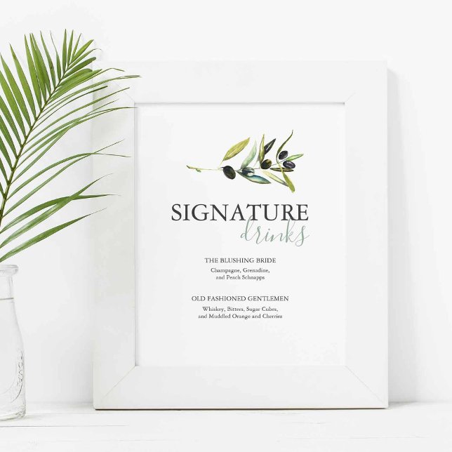 Olive Branch Signaturdrycker Bröllopsskylt Poster (Olive wedding bar signs with watercolor art by Victoria Grigaliunas of Do Tell A Belle)