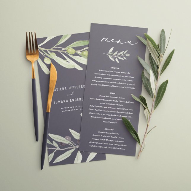 Olive branch watercolor painted wedding meny (Skapare uppladdad)