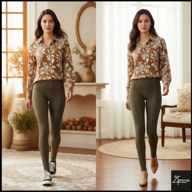 Olive Brown Glitch Textured Woven Plaid Leggings (Skapare uppladdad)