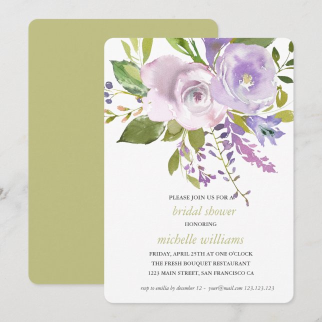 Olive | Chic Lavender Blommigt Bröllop Möhippa Inbjudningar (Fram/baksida)