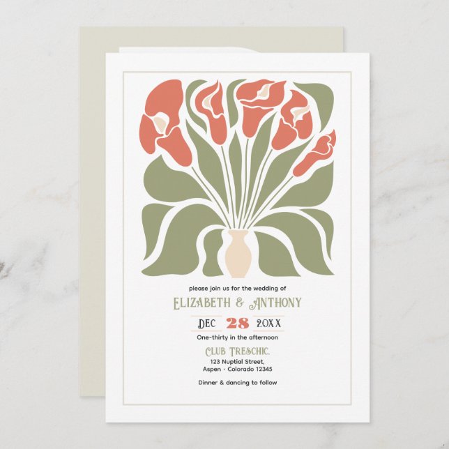 Olive & Coral Clay Abstract Floral Boho Wedding Inbjudningar (Fram/baksida)
