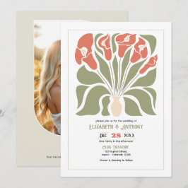 Olive & Coral Lerabstract Blommig Boho Bröllop Inbjudningar