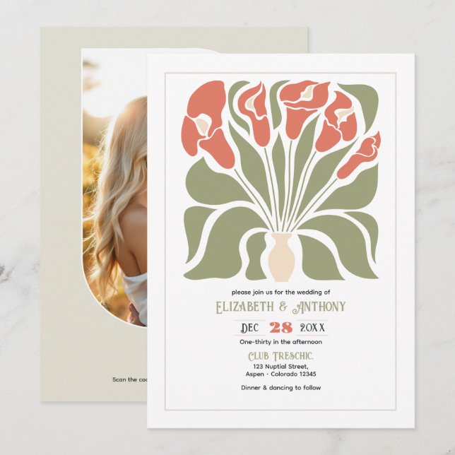 Olive & Coral Lerabstract Blommig Boho Bröllop Inbjudningar (Fram/baksida)