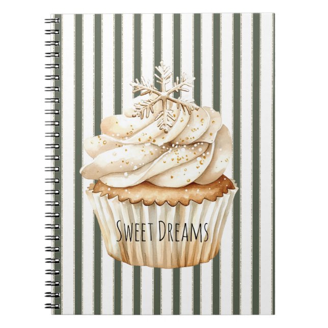 Olive Cream Stripes Snowflake Cupcake Christmas Anteckningsbok (Framsidan)