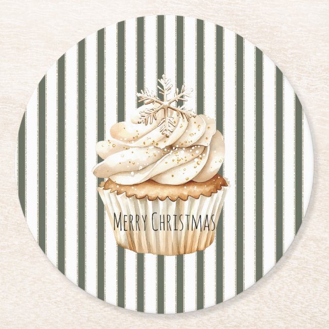 Olive Cream Stripes Snowflake Cupcake Christmas Underlägg Papper Rund (Framsidan)