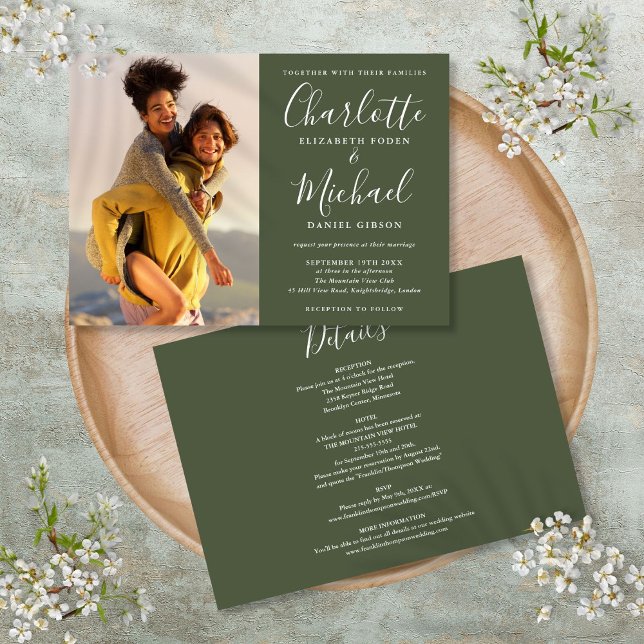 Olive Elegant Script Foto Bröllop Allt-i-ett Inbjudningar (Olive Elegant Script Photo Wedding All In One Invitation)
