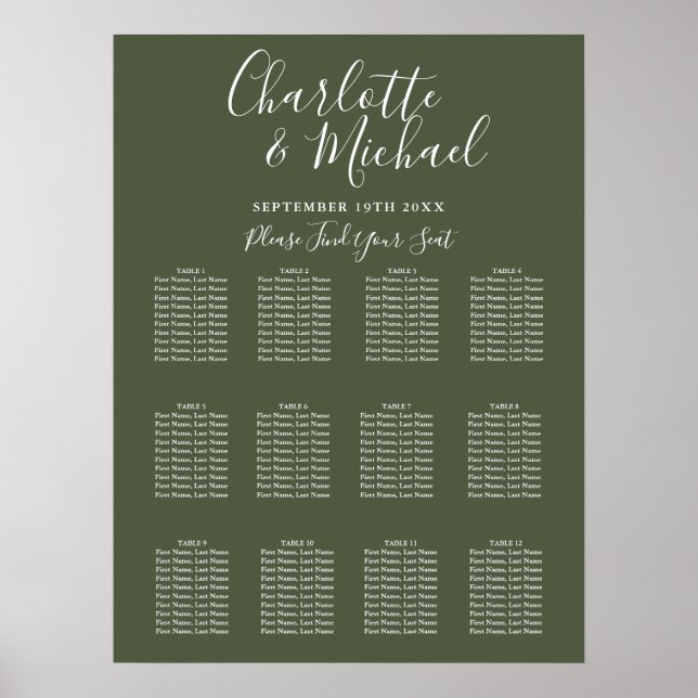 Olive Elegant Signatur Bröllopsplatskarta Poster (Framsidan)