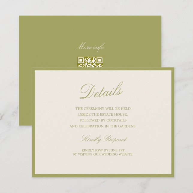Olive Estate Calligraphy Wedding QR Details Card Tilläggskort (Fram/baksida)