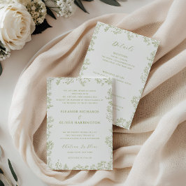 Olive Floral Line Art Border All-in-one Wedding Inbjudningar