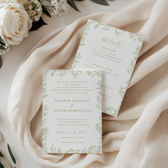 Olive Floral Line Art Border All-in-one Wedding Inbjudningar (Skapare uppladdad)