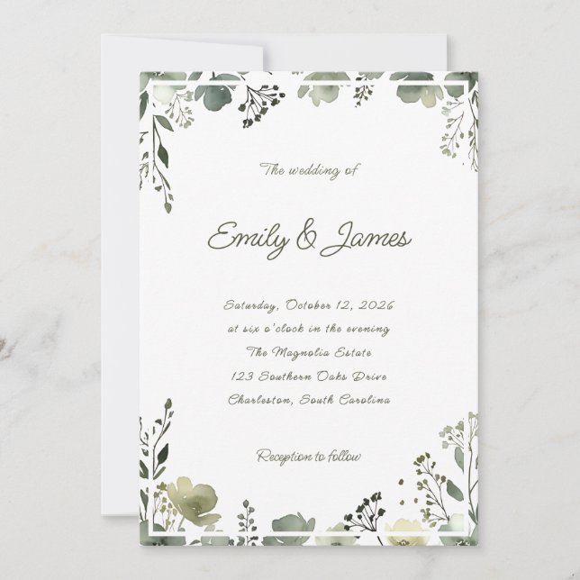 Olive Floral Wedding Inbjudningar (Framsida)