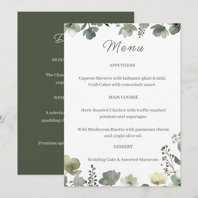Olive Floral Wedding Meny (Fram/baksida)