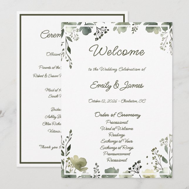 Olive Floral Wedding Program (Fram/baksida)