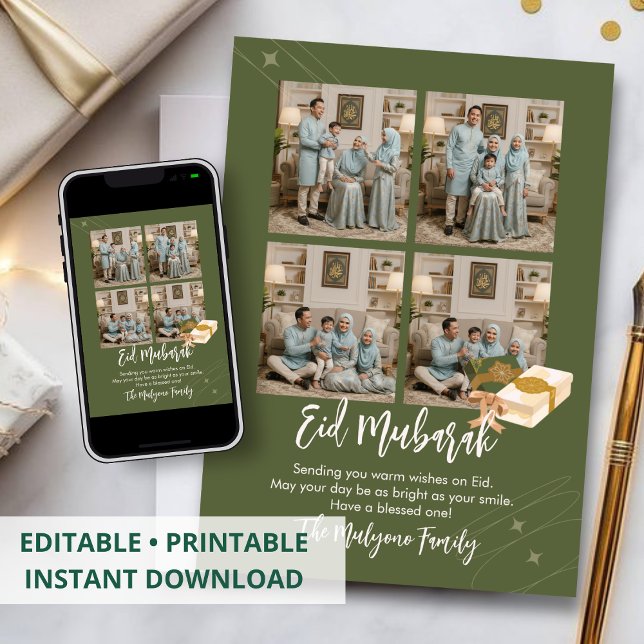 Olive Green 4 Photo Collage Eid Mubarak Card Julkort (Skapare uppladdad)
