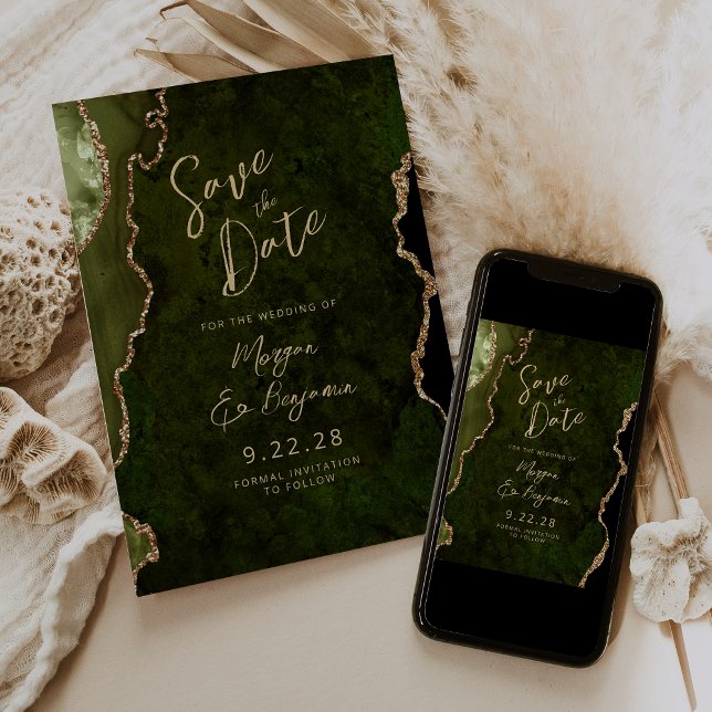 Olive Green Agate Script Wedding Save the Date Inbjudningar (Skapare uppladdad)