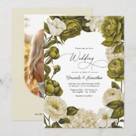 Olive Green and Cream Watercolor Floral Wedding Inbjudningar