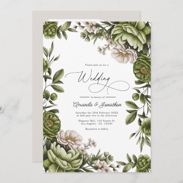 Olive Green and Neutral Floral Wedding QR Code Inbjudningar (Fram/baksida)