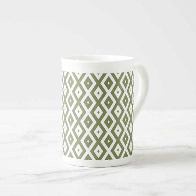 Olive green and white diamond pattern benporslin mugg (Framsida höger)