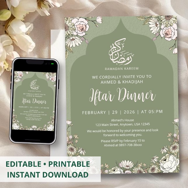 Olive Green Botanical Islamic Arch Iftar Dinner Inbjudningar (Skapare uppladdad)