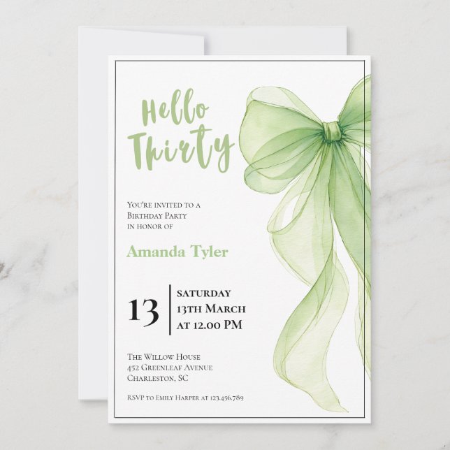 Olive Green Bow 30th Birthday Invitation Inbjudningar (Framsida)