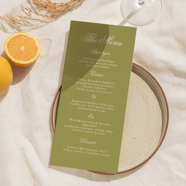 Olive Green Calligraphy Wedding Long Menu Card Inbjudningar (Skapare uppladdad)