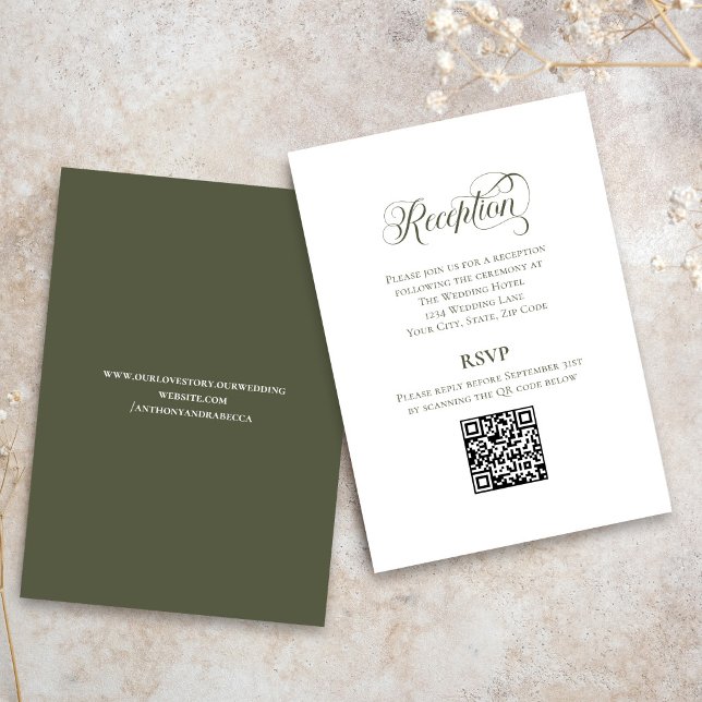 Olive Green Calligraphy Wedding QR Code RSVP Tilläggskort (Olive green wedding RSVP card with elegant calligraphy and QR code)
