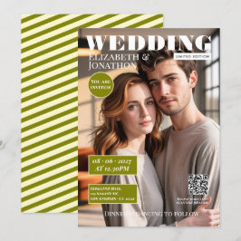 Olive Green & Cream Magazine Bröllopsfoto Inbjudningar