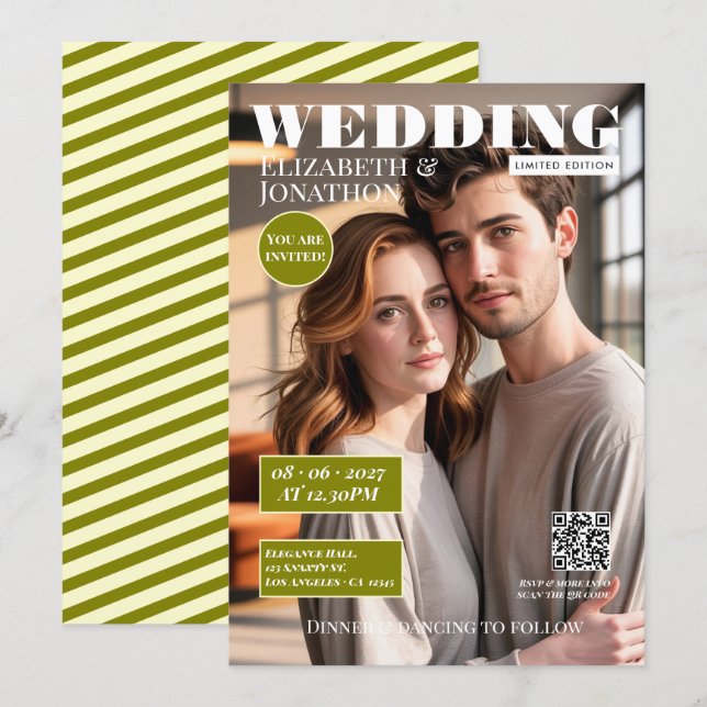 Olive Green & Cream Magazine Bröllopsfoto Inbjudningar (Fram/baksida)
