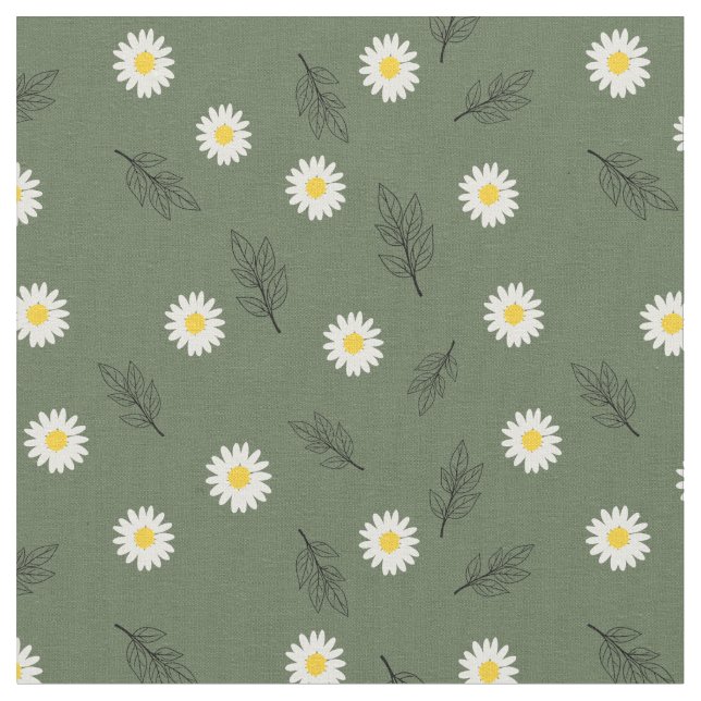 Olive Green Daisy Scatter - Combed Cotton Fabric Tyg (Närbild)