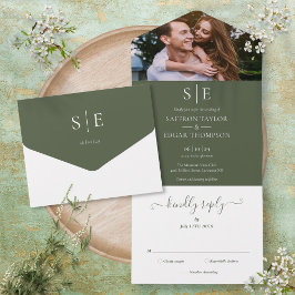 Olive Green Elegant Monogram Foto Bröllop