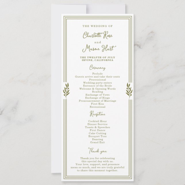 Olive Green Elegant Wedding Program Card (Framsida)