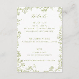 Olive Green Floral Line Art Wedding Details Tilläggskort