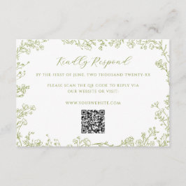 Olive Green Floral Line Art Wedding QR Code Tilläggskort